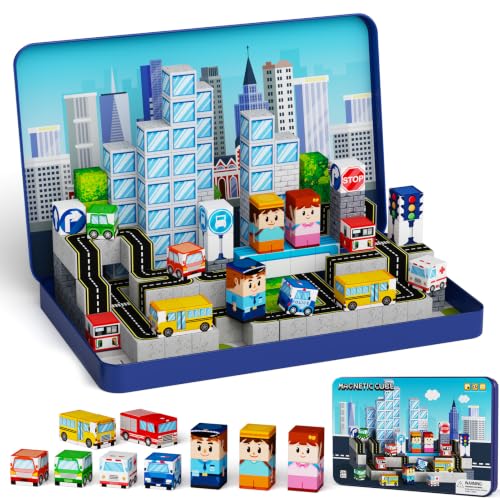 Strong Magnetic Travel Blocks：Great for on-the-go Play Ages 3-8 | Ideal Travel Play for Car Backseats & Airplane Tray Tables-City Traffic Magnetic Blocks Set for Kids - style: City Traffic 100