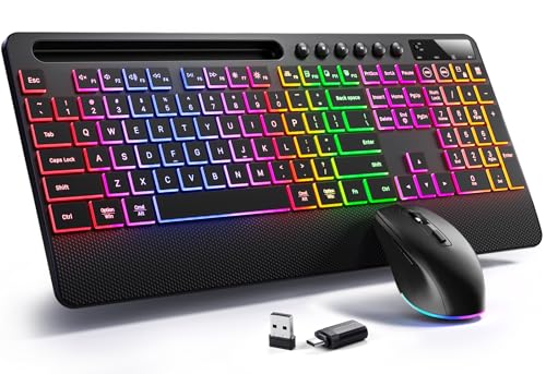 Hamile Wireless Keyboard and Mouse Combo:RGB Backlit Effects,Ergonomic Full Size Silent Keyboard,Wrist Rest,2.4G Rechargeable with Phone Holder Compatible with Windows, Mac,PC,Laptop, Black
