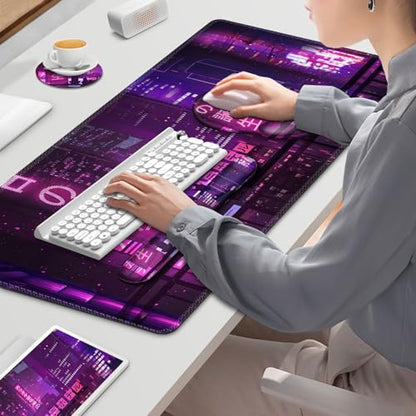 Gaming Mouse Pad, Large Desk Mat, Cute Desk Pad, 4in1 XXL Mousepad + Keyboard Wrist Rest+Mouse Wrist Rest+Coaster Set with Ergonomic Desk Pad for Home Office Table Computer, Purple Anime Neon - color: Purple Anime Neon