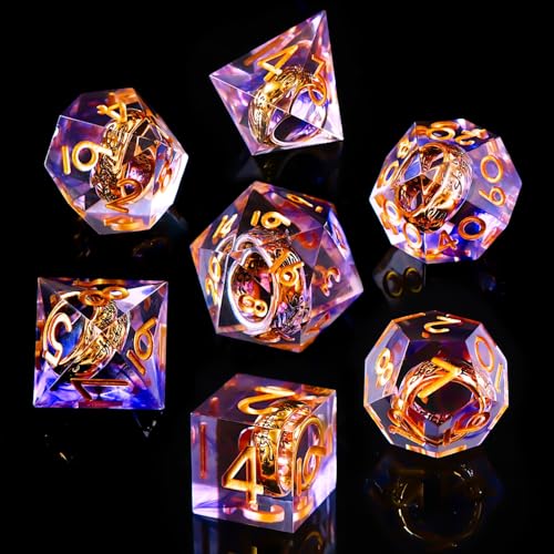 Ring DND Dice Set Sharp Edge Resin Dice,Golden Ring Inclusion Suitable for Lord of the Ring D&D Dice RPG Role Playing Games Suitable for Dungeons and Dragons Polyhedral Dice Set（Purple） - color: Purple