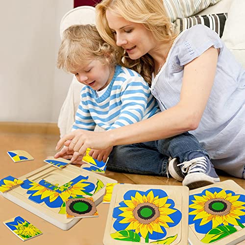 Montessori Wooden Puzzles for Kids Ages 4-8, 4 Layer Life Cycle Of Sunflower Jigsaw Puzzle for Toddlers, Children Preschool Learning Educational Puzzles Summer Toys Gift for Boys and Girls (Sunflower) - style: Sunflower