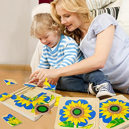 Montessori Wooden Puzzles for Kids Ages 4-8, 4 Layer Life Cycle Of Sunflower Jigsaw Puzzle for Toddlers, Children Preschool Learning Educational Puzzles Summer Toys Gift for Boys and Girls (Sunflower) - style: Sunflower