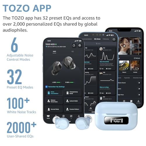 TOZO NC9 Hybrid Active Noise Cancelling Wireless Earbuds, 60H, LED Display | 6 Mic ENC Clear Calls, Deep Bass Sound, IPX8 Waterproof, in Ear Bluetooth 5.3 Headphones,32 EQs via APP, Comfort Fit Ear Buds - color: Dusty Blue
