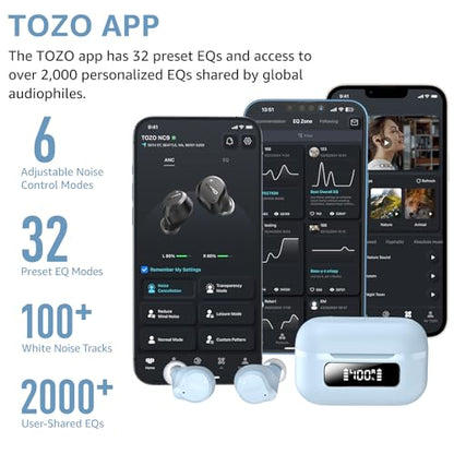 TOZO NC9 Hybrid Active Noise Cancelling Wireless Earbuds, 60H, LED Display | 6 Mic ENC Clear Calls, Deep Bass Sound, IPX8 Waterproof, in Ear Bluetooth 5.3 Headphones,32 EQs via APP, Comfort Fit Ear Buds - color: Dusty Blue