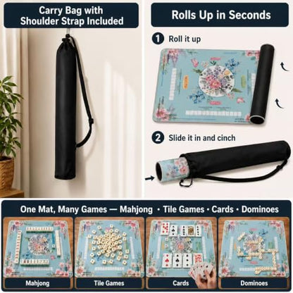 Blue Mahjong Mat for Table with Rules, 31.5" x 31.5", Anti-Slip | Neoprene Rubber Game Mat with Carrying Bag; Chinoiserie Mah Jong Table Cover for Board, Poker, Card Games and Gifts for Women - color: Blue