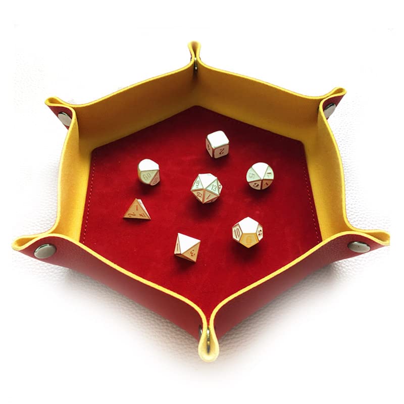 BESCON DICE Hexagon Folding PU Leather & Velvet Dice Tray, Portable Dice Holder for DND, RPG, MTG, & Other Table Games, Red & Yellow - color: Red&yellow