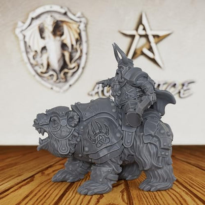 AUSPDICE Fantasy Tabletop Miniatures 28mm Scale for TTRPG - AS248 | Unpainted DND Minis Figurine for Dungeon Masters, Humanoid Miniature Game RPG Accessory - Dwarf Warrior & Warbear