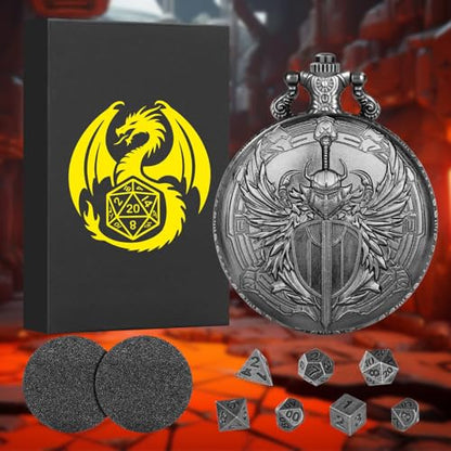 Mini DND Dice Set with Steampunk Paladin Pocket Watch Shell Case, DND Starter Set, 7pcs Polyhedral Mini Metal Dice Set, D&D Gifts with Gift Box, Role Playing Board Game Accessories, Silver - color: Dark Silver + Gift Box
