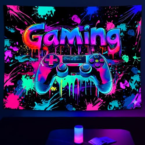 SparkLia Blacklight Gaming Tapestry, UV Reactive Cool Neon Game Controller Wall Hanging, Colorful Graffiti Video Game Wall Tapestries for Teen Dorm Living Room - 30" x 40" - color: Gaming Graffiti, size: 40"L x 30"W