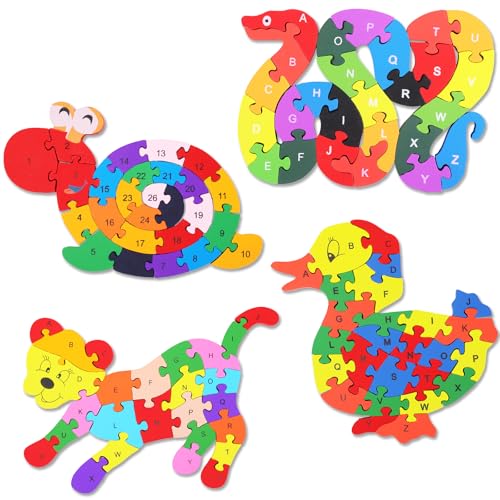 Yunsailing 4 Pcs Alphabet Jigsaw Puzzle Wooden Blocks Toys Alphabet Educational Toddler Puzzle Toys for Preschool Learning Party Favor Gift Learning (Snake, Snail, Duck, Leopard) - style: Snake, Snail, Duck, Leopard