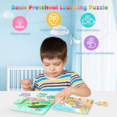 Zeoddler Wooden Puzzles for Toddlers, 8 Pack Sea Animal Jigsaw Puzzles for Kids3-5, 9 Pieces Preschool Learning Activities, Learning & Educational Toys, Gift for Boys, Girls - style: Sea Animal