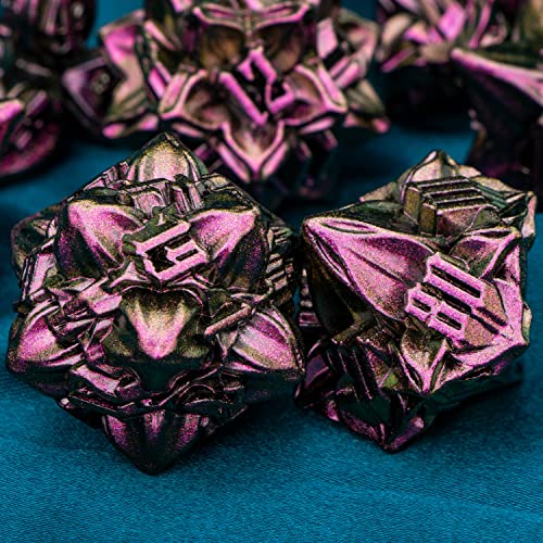 ARUOHHA DND Metal Dice Set Purple Red Leaf Design Polyhedral Dice with Box, 7PCS D and D Dice RPG Role Playing Games D20 D12 D10 D8 D6 - color: Purple Yellow