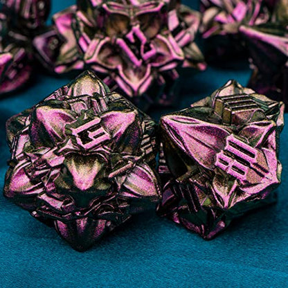ARUOHHA DND Metal Dice Set Purple Red Leaf Design Polyhedral Dice with Box, 7PCS D and D Dice RPG Role Playing Games D20 D12 D10 D8 D6 - color: Purple Yellow