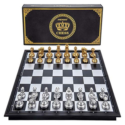 AMEROUS 10'' Magetic Travel Chess Set, Plastic Portable Folding Chess Board Game with Gold and Silver Chess Pieces - 2 Extra Queens - Chess for Beginner, Kids, Adults