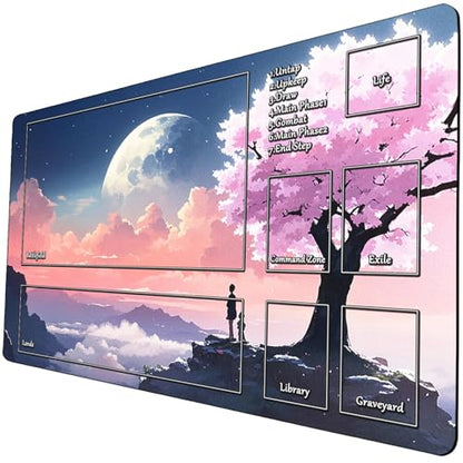 MTG Playmats, Landscape Board Game Mat with Storage Bag Mouse Pad for MTG DTCG CCG RPG Trading Card MTG Playing Mat with Zones Smooth Rubber Surface Battle 24 x 14 inches - color: Pink Sakura With Zones