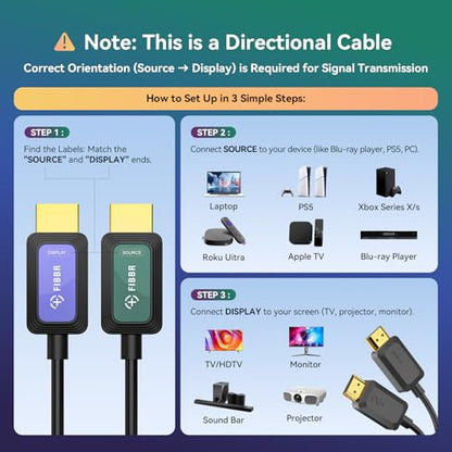 Fiber Optic HDMI Cable 75ft 2.1 8K 48Gbps High Speed Supports 8K@60Hz 4K@120Hz, VRR, ALLM, HDR- Ultra Long Reliable Cable for Projector, Home Theater, Gaming (PS5/Xbox) Immune to Interference - size: 75FT