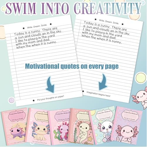 Glenmal 6 Pcs Composition Notebook Wide Ruled Paper Cute Axolotl Assorted Composition Notebook 110 Page 7-1/2"x9-1/4 Journal Gift for Back to School First Day of School Student Teacher Axolotl Lover - style: Axolotl