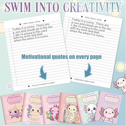 Glenmal 6 Pcs Composition Notebook Wide Ruled Paper Cute Axolotl Assorted Composition Notebook 110 Page 7-1/2"x9-1/4 Journal Gift for Back to School First Day of School Student Teacher Axolotl Lover - style: Axolotl