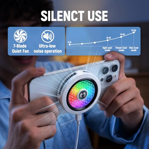 Phone Cooler for Gaming, Low Noise USB Cell Phone Cooler with Smart Temp Control, Phone Cooling Fan with RGB LED Lights, Magnetic Ring & Clip Fan for Phone Gaming & Streaming (White) - color: white