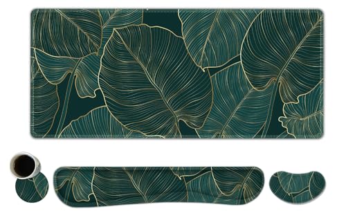 ToLuLu Extended Gaming Mouse Pad, Ergonomic Keyboard Mouse Wrist Rest Set | Large Desk Mat with Stitched Edges, Non-Slip Base Memory Foam Mousepad Support for Home Office Game, Green Golden Leaves - color: Green Golden Leaves