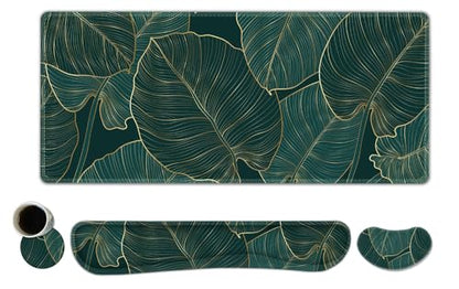 ToLuLu Extended Gaming Mouse Pad, Ergonomic Keyboard Mouse Wrist Rest Set | Large Desk Mat with Stitched Edges, Non-Slip Base Memory Foam Mousepad Support for Home Office Game, Green Golden Leaves - color: Green Golden Leaves