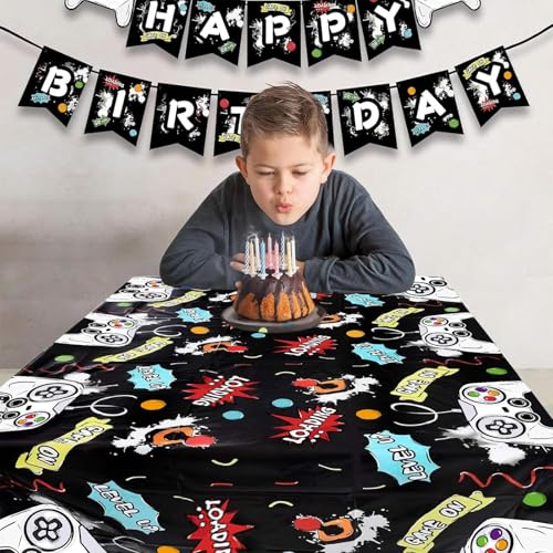 WERNNSAI Video Game Tablecloth - 1 Pack 108"x54" Gamer Table Cover | Black Gaming Night Party Favors, Gamer Birthday Theme Plastic Table Cloths for Boys Kids Player Geek - color: Video Game B