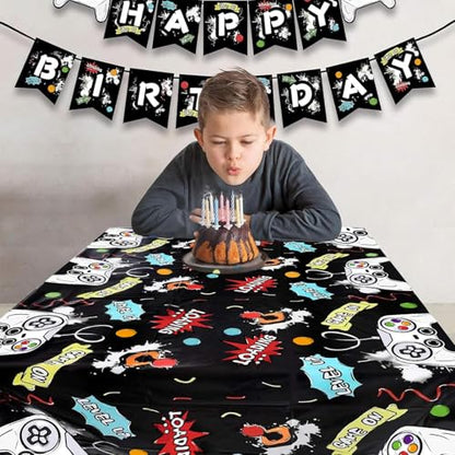 WERNNSAI Video Game Tablecloth - 1 Pack 108"x54" Gamer Table Cover | Black Gaming Night Party Favors, Gamer Birthday Theme Plastic Table Cloths for Boys Kids Player Geek - color: Video Game B
