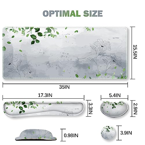 ARTSO Gaming Mouse Pad Wrist Support Set, XXL Large Desk Mat Mousepad + Keyboard Wrist Support+ Mouse Wrist Rest+Coaster 4in1 Ergonomic, Memory Foam -Green Leaves and Line Flower - color: Green leaves and Line Flower