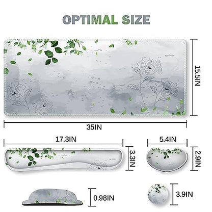 ARTSO Gaming Mouse Pad Wrist Support Set, XXL Large Desk Mat Mousepad + Keyboard Wrist Support+ Mouse Wrist Rest+Coaster 4in1 Ergonomic, Memory Foam -Green Leaves and Line Flower - color: Green leaves and Line Flower