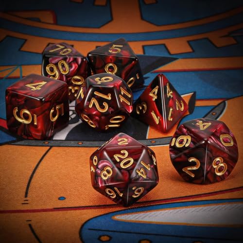 QMAY DND Dice Set -D&D Polyhedral Dice (7 Pcs) for Dungeons and Dragons (Red and Black) - color: Red and Black