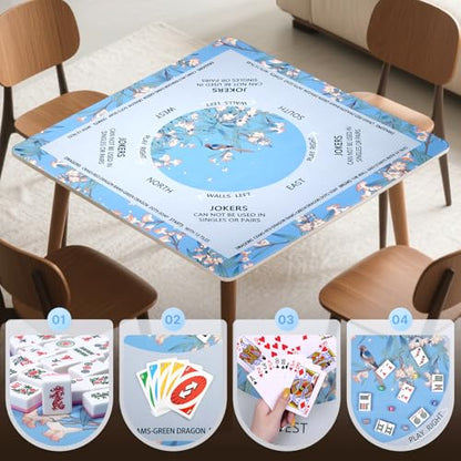 DEVPNR Mahjong Mat for Table with Black Carrying Bag, 32.6"x32.6", Blue | Non-Slip Table Cover, Noise-Reducing, with Rules, Easy Storage, for American Mahjong, Poker, Card & Board Games - color: Blue