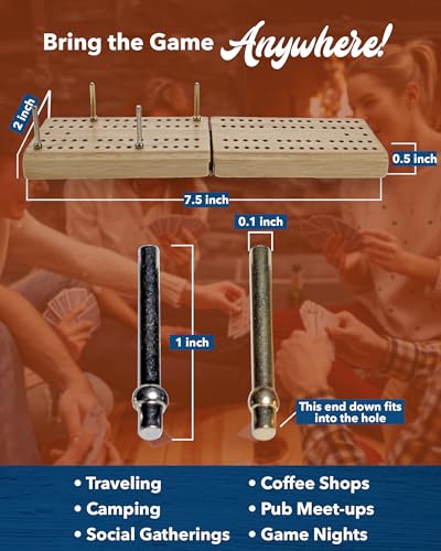 WE Games Travel Cribbage Board Game Set – Foldable 2-Track Mini Wooden Cribbage Board with Cards, Dice, Metal Pegs & Storage Bag – Portable Game - size: 7.5 x 2 x 0.5 inches