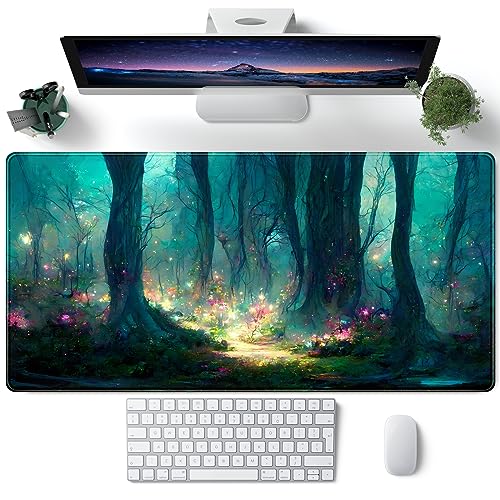 Forest Desk Mat Blue Green Mouse Pad Large Laptop Computer Keyboard Mouse Mat Gaming Mousepad XXL 31.5''X 15.7'' Deskpad Deskmat Cute Desk Pad - color: A Green Forest