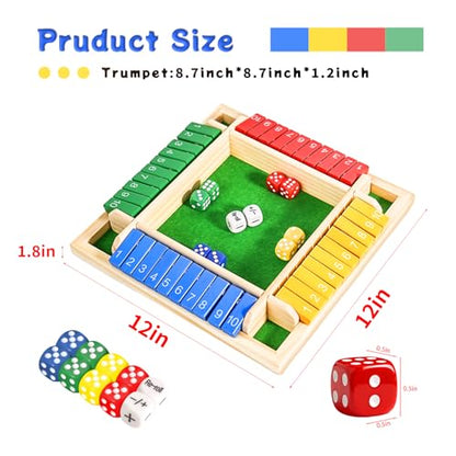 Shut The Box Dice Game 12 Inch Upgraded 2-4 Player Wooden Dice Game Math Addition Games Close The Box Family Wooden Dice Board Game for Kids Adults, Tabletop Version for Classroom, Home, Party or Bar - style: 12 inch