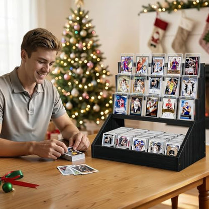 Emfogo Trading Card Display, 3-Tier Card Display Stand with 5-Row Storage, Wooden Graded Card Display with Card Stoppers, Large Capacity Sports Card Display Case for Card Game Collection (Black) - color: Black