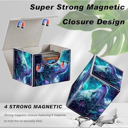 Magnetic Closure TCG Deck Box Portable Card Holder Trading Card Deck Box | PU Leather Collectible Card Case Game Trading Card Deck Box Storage Scratch Resistant Lining, Blue And Purple Glowing Wolf - color: Blue And Purple Glowing Wolf