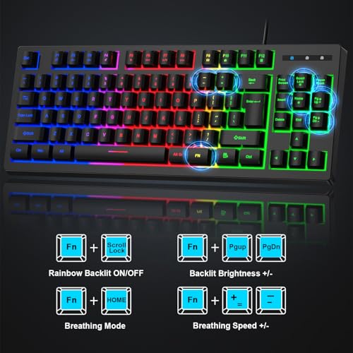 RGB 87 Keys Gaming Keyboard and Backlit Mouse Combo,BlueFinger USB Wired Rainbow Keyboard,Gaming Keyboard Set for Laptop PC Computer Game and Work - color: Black 01