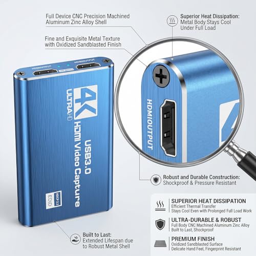 4K HDMI Video Capture Card,USB 3.0 Capture Card for Streaming & Gaming,1080P 60FPS Video Captures Device - Plug and Play(Blue) - color: blue