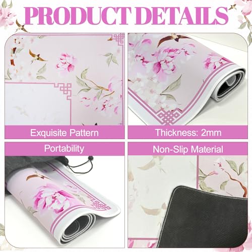 Pink Mahjong Mat with Rules Noise Mah Jongg Mat for Table, 31.5x31.5 Inch | Neoprene Mahjong Mat, Floral and Bird Pattern, Non-Slip Base, Noise-Reducing, Mahjong Table Cloth Ideal for Mahjong - style: Flowers & birds