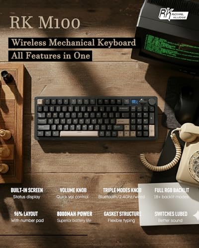 RK ROYAL KLUDGE M100 Wireless Mechanical Keyboard with Screen & Knob, Black | Bluetooth/2.4G/USB RGB Gaming Keyboard with Number Pad, Gasket Mount PC Game Keyboards, Full Size Hot Swappable Cream Switch - color: Black