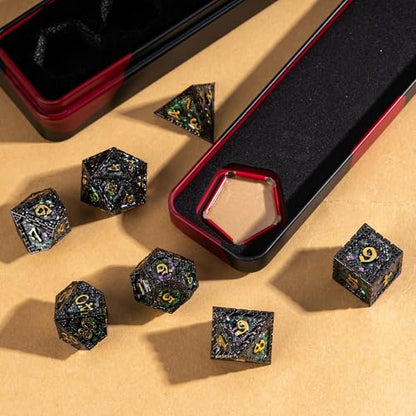 UDIXI Sequins Metal Dice Set D&D Dragon Metal DND Dice for Tabletop Games | 7-Pieces, Dragon Carved, Chain-edge Design, Metal Gift Box, DM Gift, for Dungeons and Dragons Role Playing Games - color: Chain Frame-green Purple Sequins