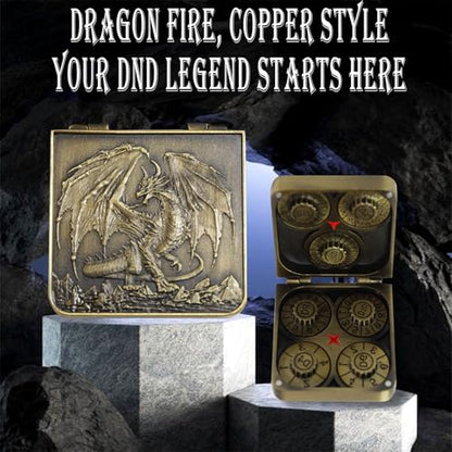 Metal DND Dice Set 7-in-1 D4-D20 3D Dragon Case Leather Bag Gold | 7 in 1 metal polyhedral dice. D4-D20 dnd spinner. 3D dragon case. Leather storage bag. Zinc alloy. DND RPG TTRPG gift. - color: Glod