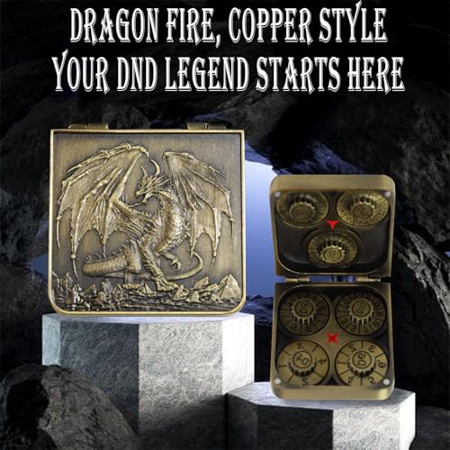 Metal DND Dice Set 7-in-1 D4-D20 3D Dragon Case Leather Bag Gold | 7 in 1 metal polyhedral dice. D4-D20 dnd spinner. 3D dragon case. Leather storage bag. Zinc alloy. DND RPG TTRPG gift. - color: Glod