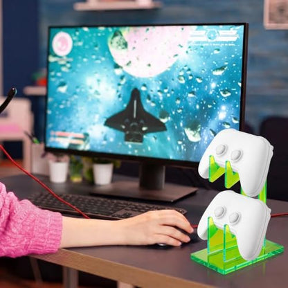 Aurora Green 2 Pack 2-Tier Controller Holder Display Stand for PS5, Xbox | Controller holder & display stand for gaming desk or battlestation; set of 2 holds 4 pads, charge in place, aurora acrylic