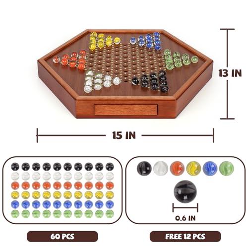 15-Inch Wooden Chinese Checkers Board Game Set – Classic Strategy Game with 72 Glass Marbles, Dual-Sided Storage Drawer, Family Board Games for Adults, Educational Travel and Indoor Game