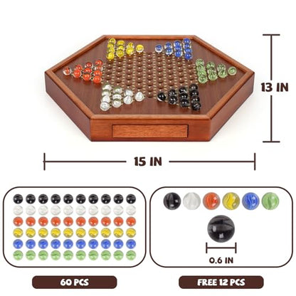 15-Inch Wooden Chinese Checkers Board Game Set – Classic Strategy Game with 72 Glass Marbles, Dual-Sided Storage Drawer, Family Board Games for Adults, Educational Travel and Indoor Game