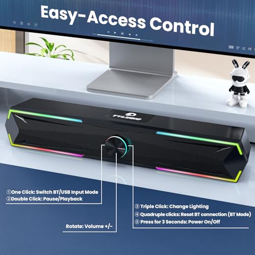 Tylubio Computer Speakers for PC Desktop, Flowing LED Under-Monitor Soundbar with Clear Stereo Sound, Bluetooth & USB 2-in-1 Audio Input, PC Speaker for Monitor Laptop, Black