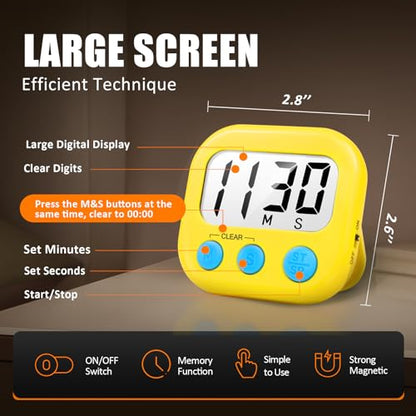 2 Pack Digital Kitchen Timer for Cooking Big Digits Loud Alarm Magnetic Backing Stand Cooking Timers for Baking Yellow - color: Yellow