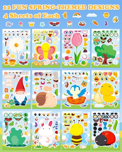 Aowplc Spring Make-a-Face Stickers for Kids 48 Sheets Mix 'n Match Cute Spring Crafts & Party Favors - style: Spring Garden