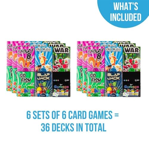 Regal Games Card Games for Kids - Go Fish, Crazy 8's, Old Maid, Slap Jack, Garbage Monsters, War - Simple & Fun Classic Family Table Game Sets (6 x 6) - color: Set of 36 Decks